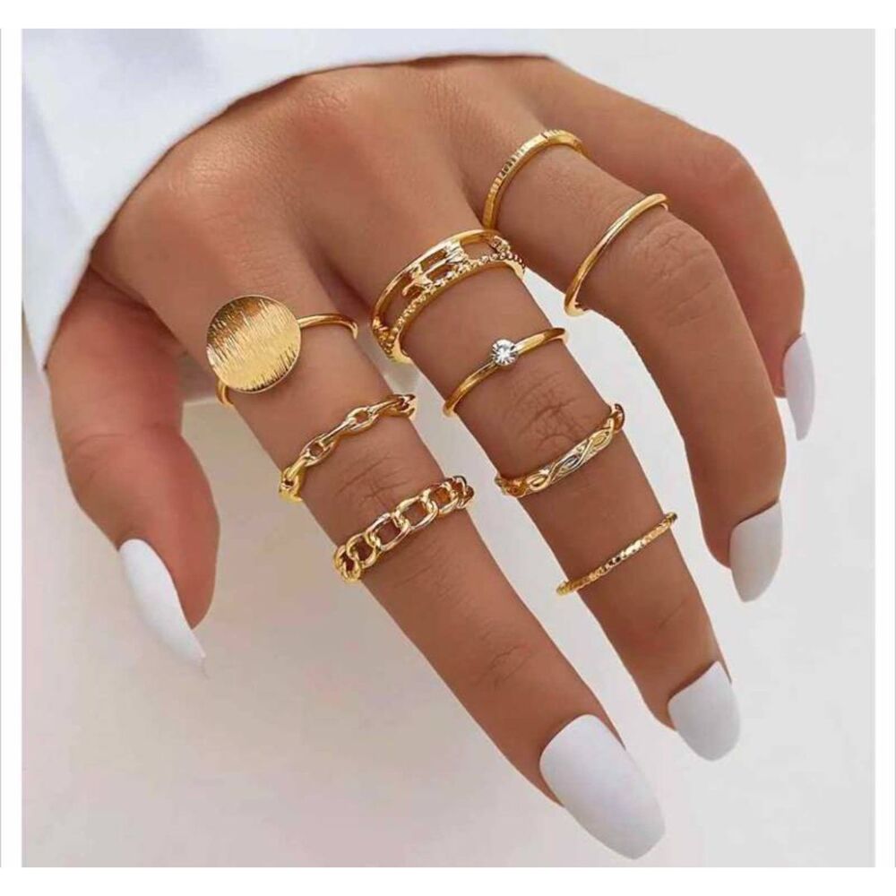 Y2K Retro Punk Geometric Circular Ring Chain 8pc Ring Set, NEW